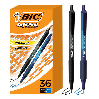 BIC Bolígrafos retráctiles de colores surtidos de tacto suave, punta media (1 mm), paquete de 36 unidades, bolígrafos negros y azules con agarre cómodo suave al tacto