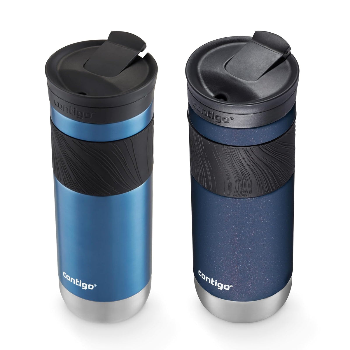 Contigo SNAPSEAL - Taza de viaje de acero inoxidable con agarre (20 oz), color azul maíz transparente satinado y bayas medianoche