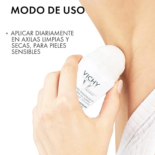 Vichy DEOS Desodorante Anti-transpirante Calmante Roll-On 48H para Piel Muy Sensible o Depilada, Fórmula Hipoalergénica sin Alcohol ni Perfume, Cuidado Anti-Irritación, 50 ml