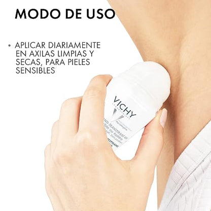 Vichy DEOS Desodorante Anti-transpirante Calmante Roll-On 48H para Piel Muy Sensible o Depilada, Fórmula Hipoalergénica sin Alcohol ni Perfume, Cuidado Anti-Irritación, 50 ml