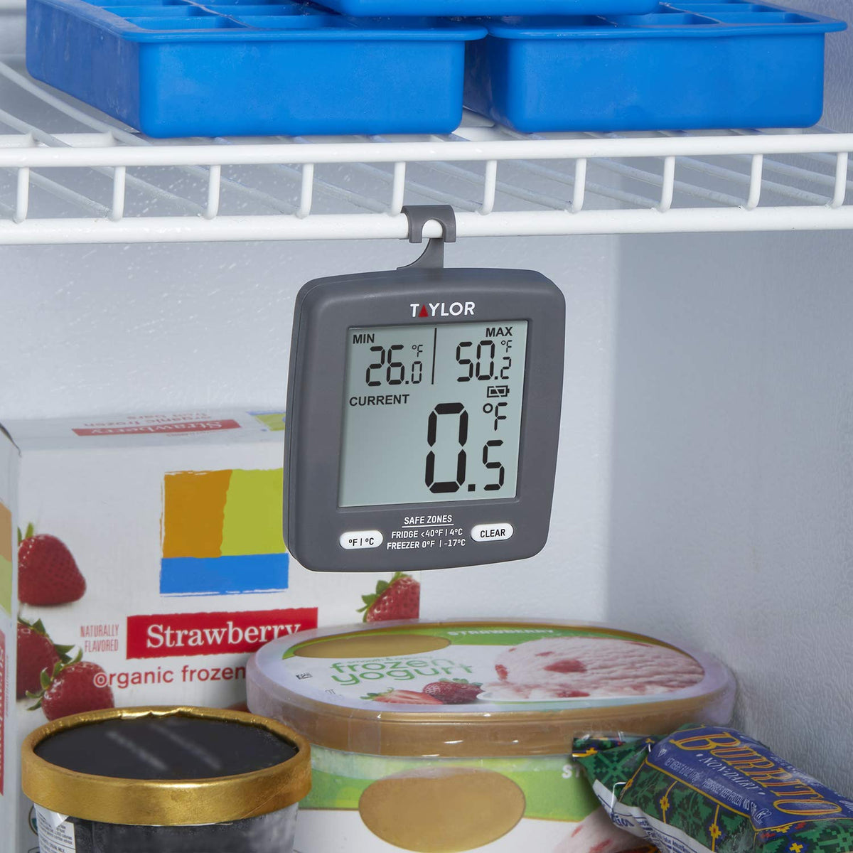 Taylor - Termómetro digital para cocina, refrigerador/congelador de cocina, min/máximo en la visualización, visualización de 2 pulgadas, gris, 1 unidad (paquete de 1)