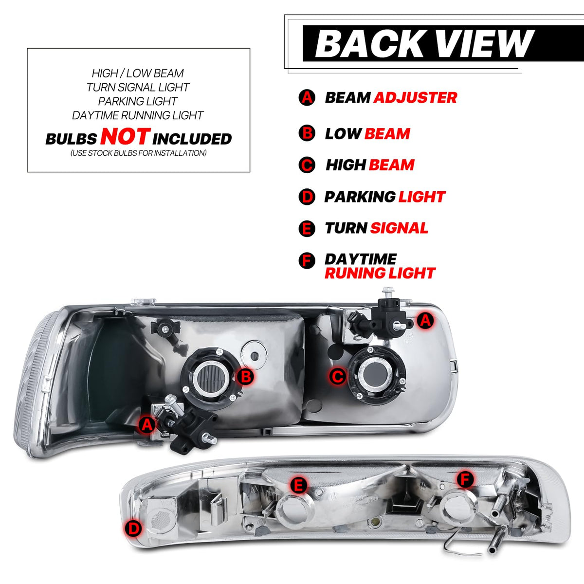 M-Auto Juego de 4 Faros Delanteros con Tira LED DRL Compatible con 99 00 01 02 Chevy Silverado 1500HD 2500HD 3500HD, 00-06 Suburban 1500 2500 Tahoe