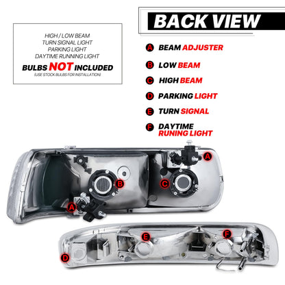 M-Auto Juego de 4 Faros Delanteros con Tira LED DRL Compatible con 99 00 01 02 Chevy Silverado 1500HD 2500HD 3500HD, 00-06 Suburban 1500 2500 Tahoe