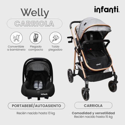 Infanti - Carriola para Bebé WELLY - Tavel System De 0 Meses a 3 Años, Hasta 15 kg - Convertible a Bambineto - Sistema de viaje -Color Gris