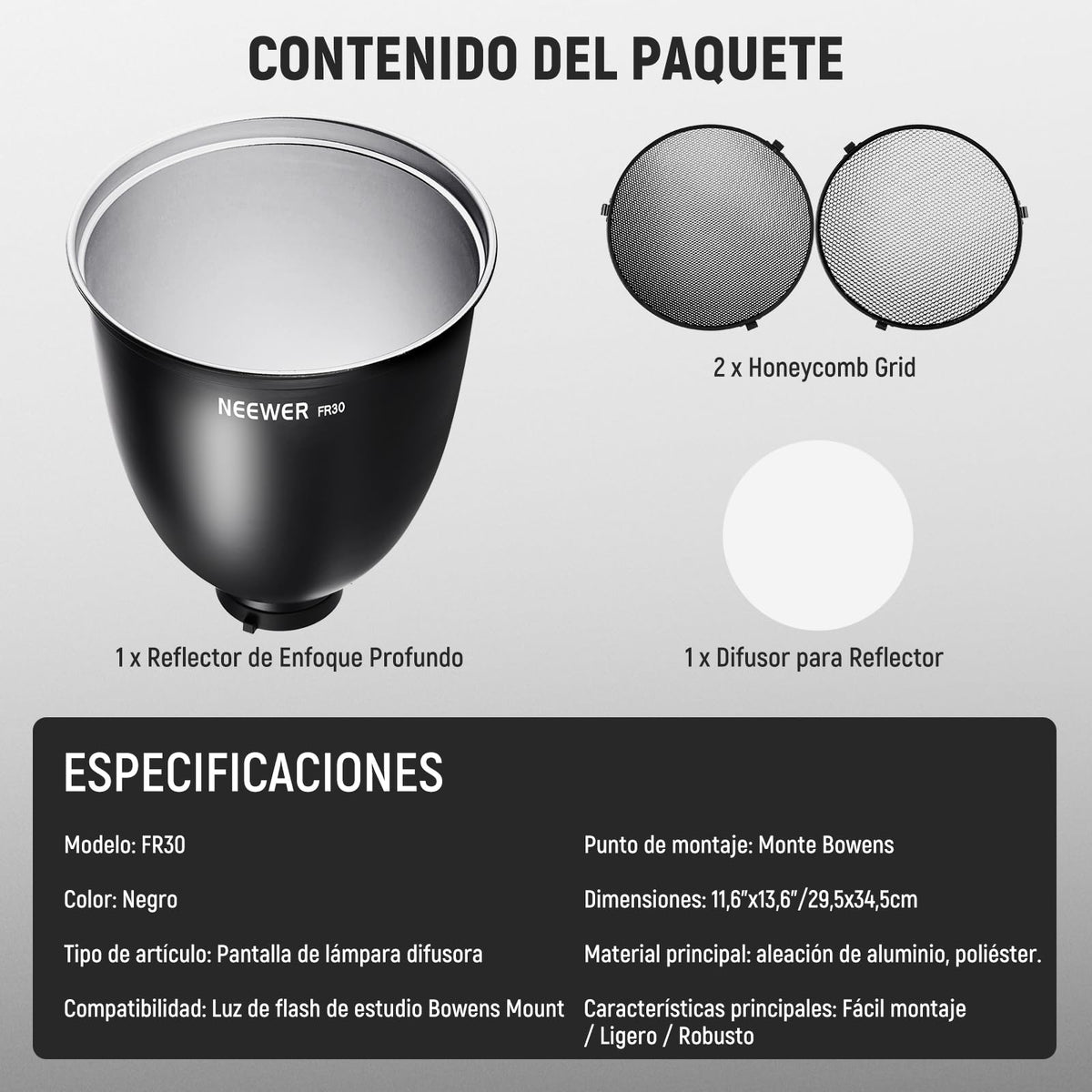 NEEWER 11,6"/29,5cm Soporte Bowens Reflector Enfoque Profundo con 15°/30° Honeycomb Grids y Tela Suave, 45° Pantalla Difusor Compatible con Godox Estudio Strobe Flash Luz Speedlite, FR30