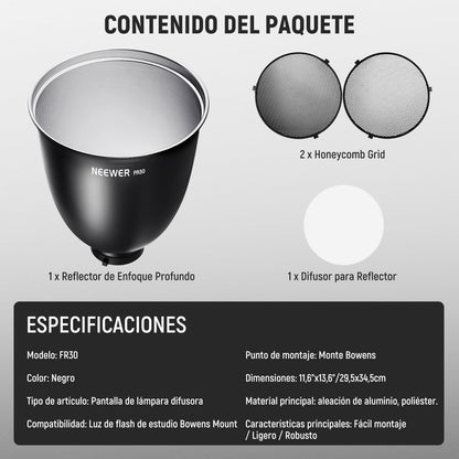 NEEWER 11,6"/29,5cm Soporte Bowens Reflector Enfoque Profundo con 15°/30° Honeycomb Grids y Tela Suave, 45° Pantalla Difusor Compatible con Godox Estudio Strobe Flash Luz Speedlite, FR30