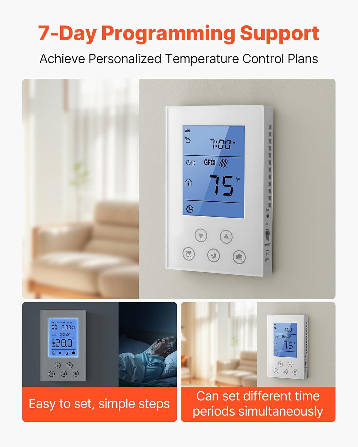 VEVOR Termostato programable de 7 días para calefacción por Suelo Radiante, Bomba de Calor, GFCI Integrado y Sensor Sensible, Pantalla LED retroiluminada, de bajo Consumo, Color Blanco.
