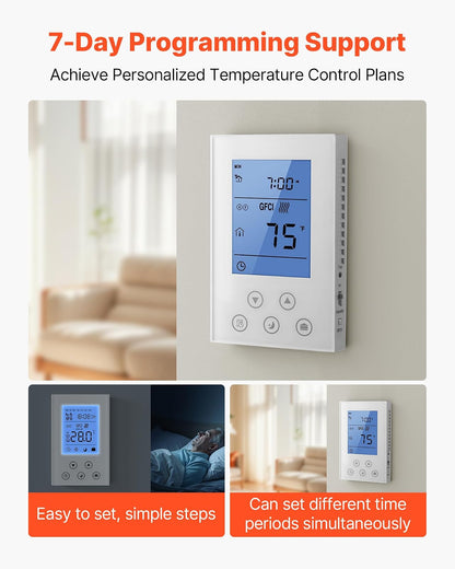 VEVOR Termostato programable de 7 días para calefacción por Suelo Radiante, Bomba de Calor, GFCI Integrado y Sensor Sensible, Pantalla LED retroiluminada, de bajo Consumo, Color Blanco.