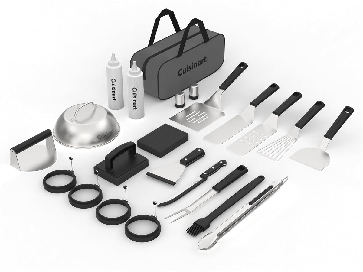 Cuisinart - Juego de Herramientas para Plancha de 24 Piezas con Bolsa de Almacenamiento, Accesorios de Plancha Plana de Acero Inoxidable con espátulas, cúpula derretidora, Prensa para Hamburguesas