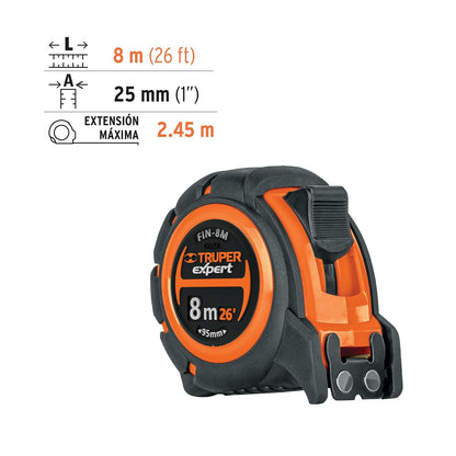 Truper Expert FIN-8M, Flexómetro industrial contra impactos 8 m cinta 25 mm