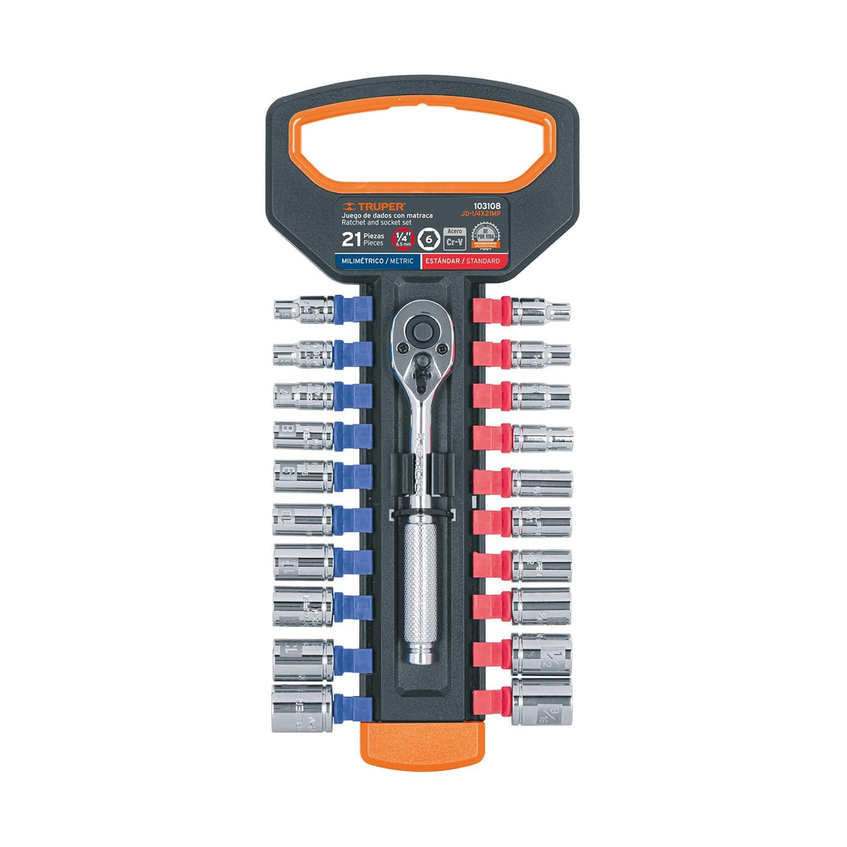 Truper JD-1/4X21MP, Juego de dados milimétricos y estandar con matraca cuadro 1/4"
