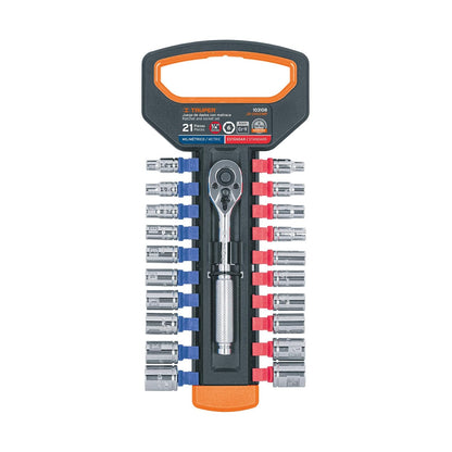 Truper JD-1/4X21MP, Juego de dados milimétricos y estandar con matraca cuadro 1/4"