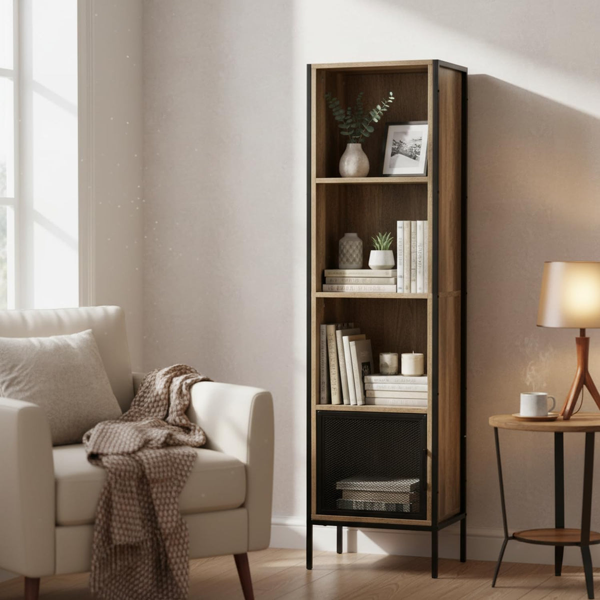 LÖSEN Gabinete de Estilo Industrial con Puerta de Alambre de Púas y 4 Compartimentos de Almacenamiento para Sala Estudio