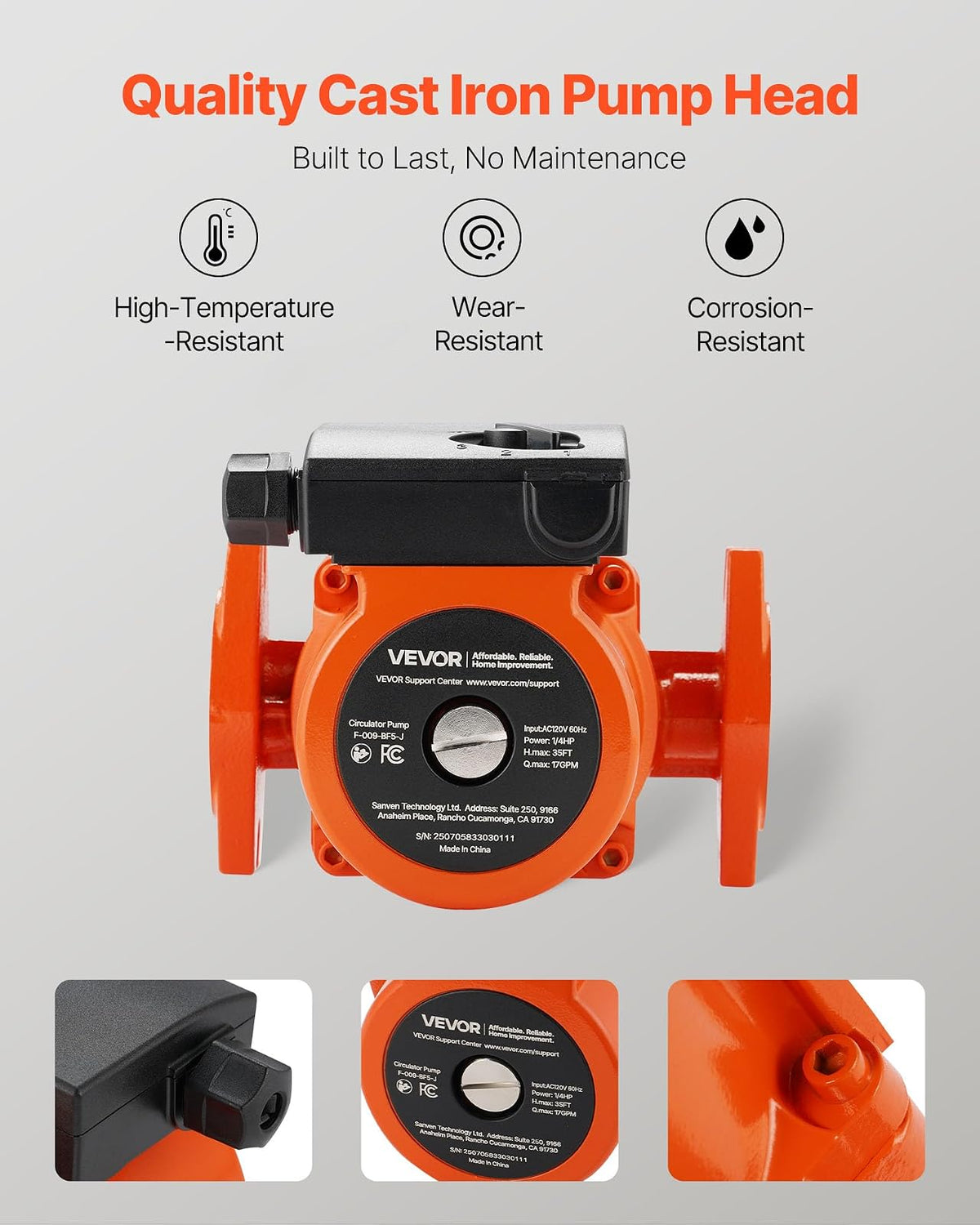 VEVOR F-009-BF5-J Bomba circuladora de hierro fundido, 17 GPM, AC 120 V 35 pies Bomba de circulación de recirculación de agua caliente, conexión de brida de 3/4 pulgadas, ajuste de 3 velocidades