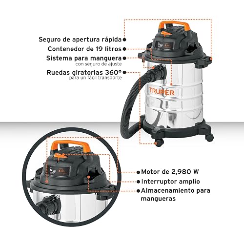 Truper ASP-5X Aspiradora de sólidos y líquidos de 5 GAL en Acero INOX