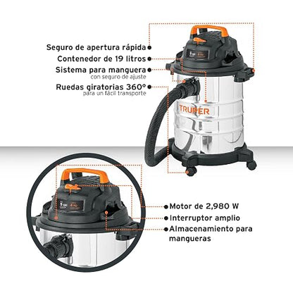 Truper ASP-5X Aspiradora de sólidos y líquidos de 5 GAL en Acero INOX