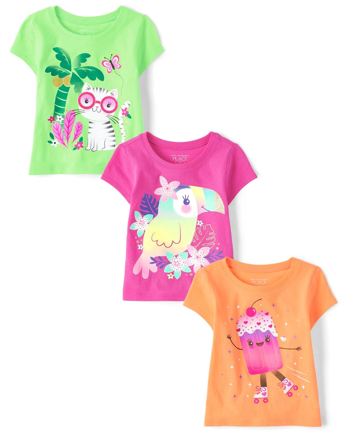 The Children's Place Playera Gráfica Manga Corta Paquete de 3 para Niña - Gato - Popsicle - Tucán - 4T
