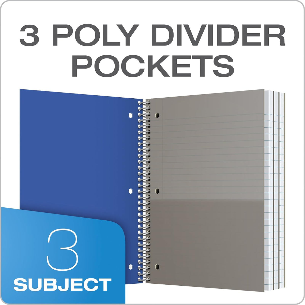 Oxford 10386 Cuadernos de poliéster de 3 materias, 22.86 cm x 27.94 cm, regla universitaria, tapas de colores surtidos, 150 hojas, 3 bolsillos divisores de poliéster, 2 unidades
