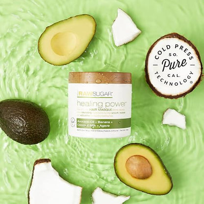 RAW SUGAR, Healing Power, Mascarilla Reparadora para Cabello, con Aceite de Aguacate, Plátano, Leche de Coco y Agave, Prensado en Frío, Vegano, Libre de Sulfatos, Parabenos y Siliconas, 340 g