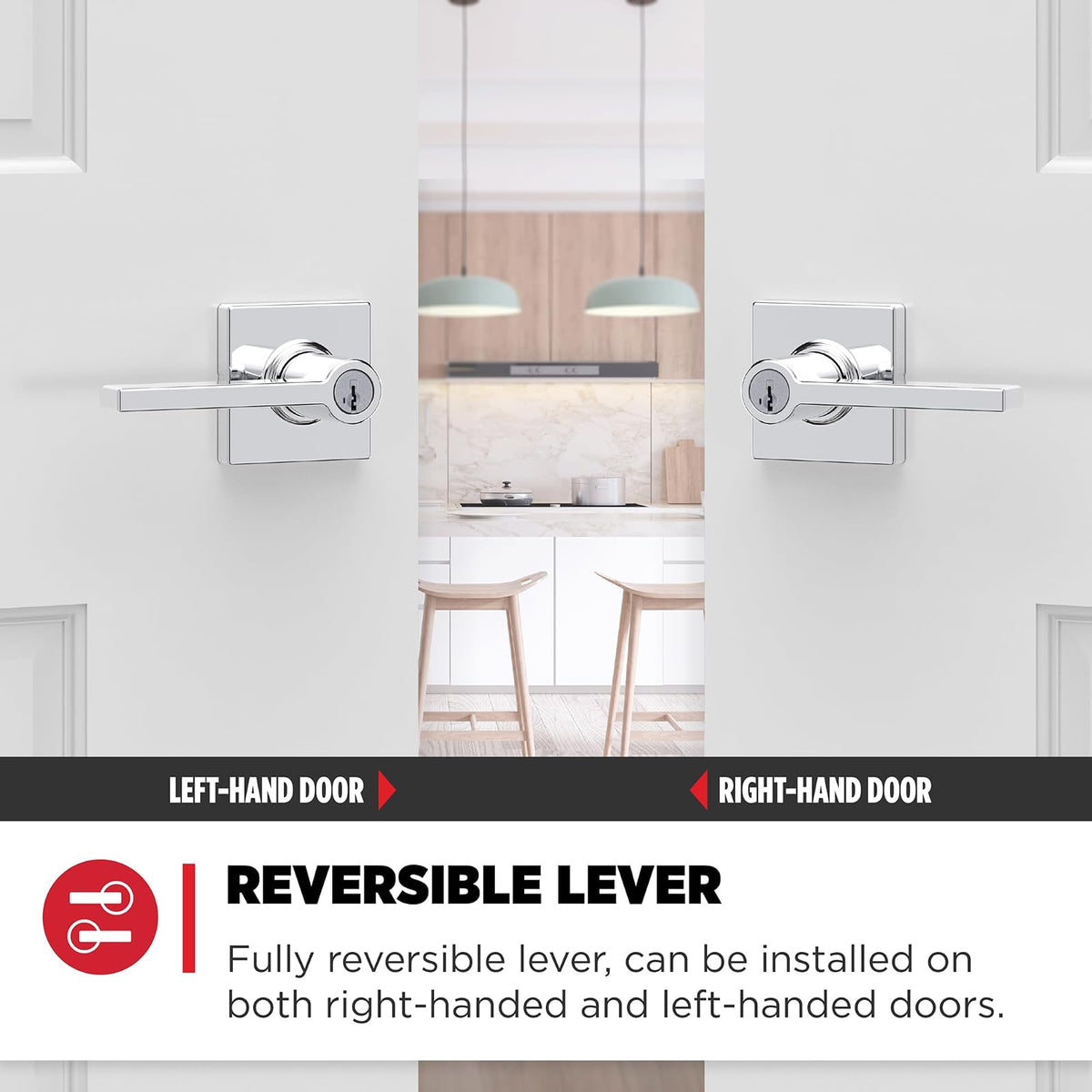 Kwikset Casey - Manija de puerta de entrada con cerradura y llave, palanca reversible con llave segura exterior, cerradura de puerta, para entrada frontal y dormitorios, cromo pulido, resistente a la