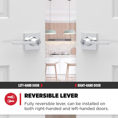 Kwikset Casey - Manija de puerta de entrada con cerradura y llave, palanca reversible con llave segura exterior, cerradura de puerta, para entrada frontal y dormitorios, cromo pulido, resistente a la
