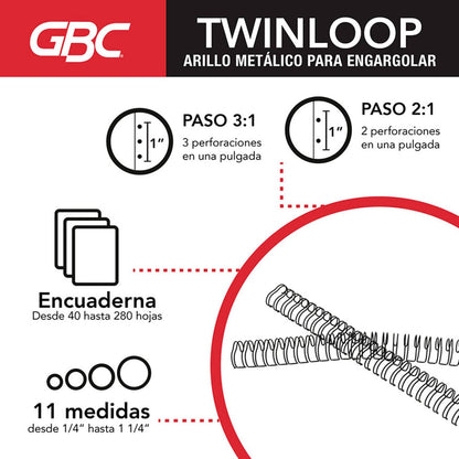 GBC M500141 Arillo Metálico Twinloop Medida hasta 105 Hojas, color Negro, 1/2"