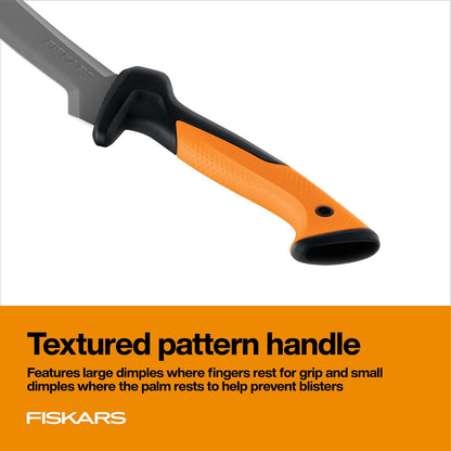 Fiskars Cuchillo Machete Bushcraft 18 Pulgadas | Paquete de 1, hoja acero endurecido, revestimiento resistente al óxido, mango texturizado, funda nylon