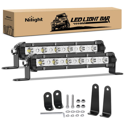 Nilight Single Row LED Light Bar Ultra-Slim Spot Pods 2PCS 7 Inch 18W Fog Light Driving Work Roof Bumper Lighting for Offroad 4x4 Trucks Polaris RZR SUV ATV UTV