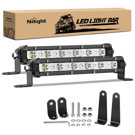 Nilight Single Row LED Light Bar Ultra-Slim Spot Pods 2PCS 7 Inch 18W Fog Light Driving Work Roof Bumper Lighting for Offroad 4x4 Trucks Polaris RZR SUV ATV UTV