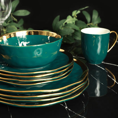 Stone Lain - Vajilla de porcelana de 16 piezas, servicio para 4, verde con ribete dorado