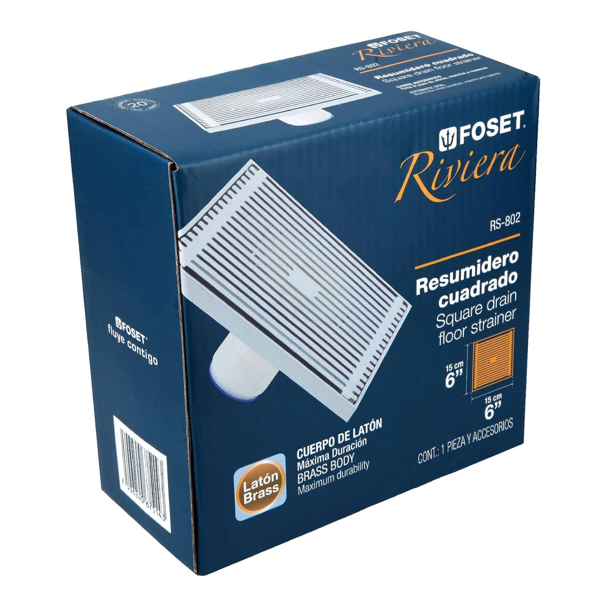 Foset RS-802, Resumidero de Latón, Cuadrado, 6X6', Riviera