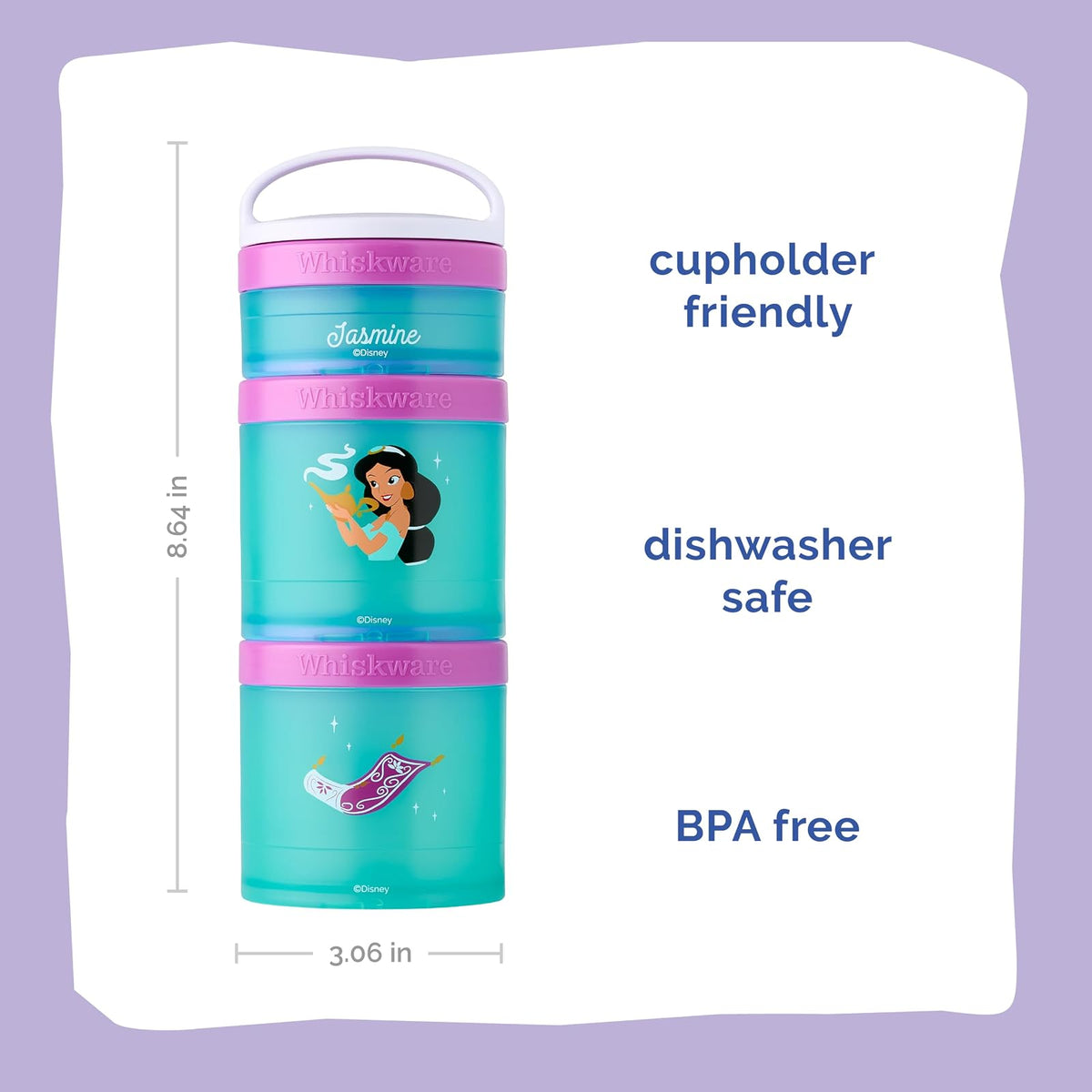 Whiskware Disney Princess Aladdin, contenedores apilables para bebés, niños y niños, 3 tazas apilables para aperitivos para la escuela o viajes, mochila y portavasos, alfombra mágica y jazmín