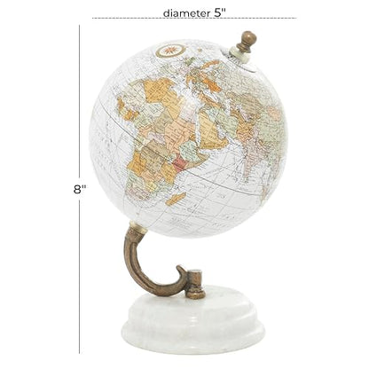 Deco 79 Globo de Mármol Blanco | Mapa físico político, 5"x5"x8", moderno