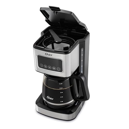 Oster Cafetera de Goteo Programable Capacidad 12 Tazas, Pantalla Táctil LED | Programa el café hasta 24 hrs de anticipación, pausa para servir, apagado automático, filtro reutilizable,