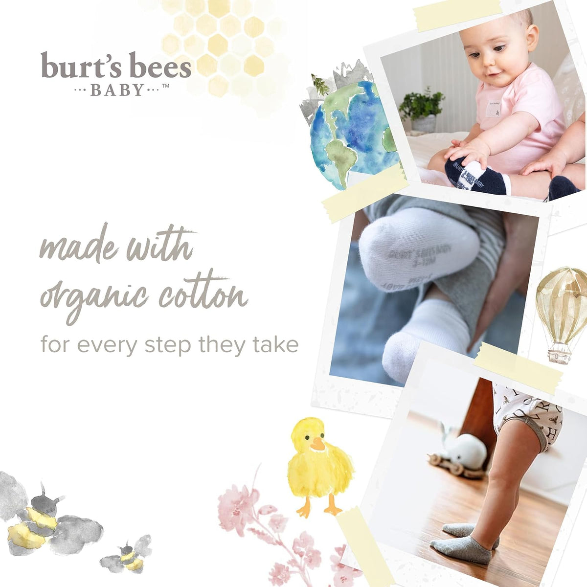 Burt's Bees Baby - Calcetines unisex para bebé con altura de tobillo o redondo, fabricados con algodón orgánico suave, 6 paquetes con agarres antideslizantes para bebés