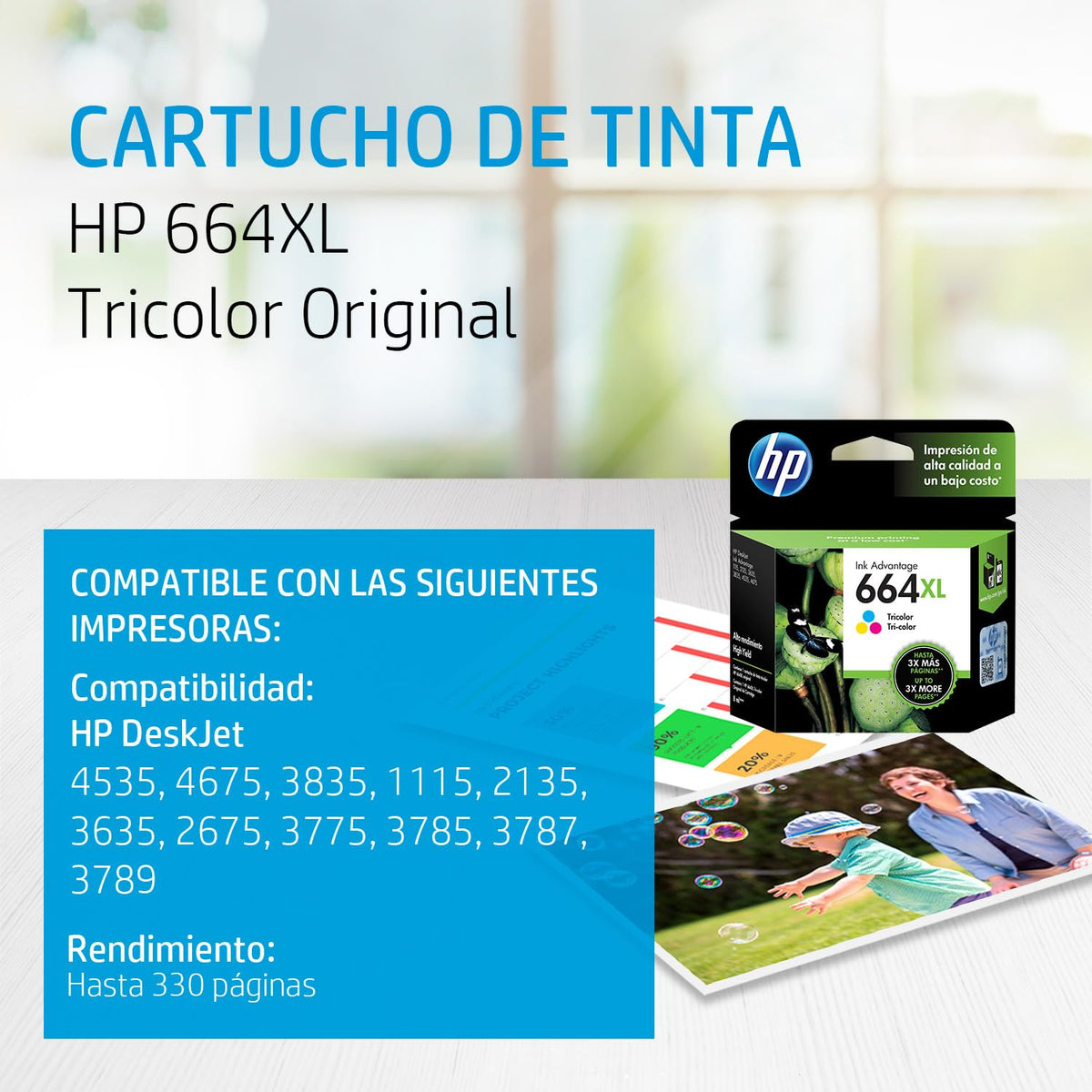 HP Cartucho de Tinta 664XL Tricolor Original, Compatibilidad con Impresoras Deskjet 4535, 4675, 3835, 1115, 2135, 3635, 2675, 3775, 3785, 3787, 3789, Rendimiento hasta 330 páginas (F6V30AL)