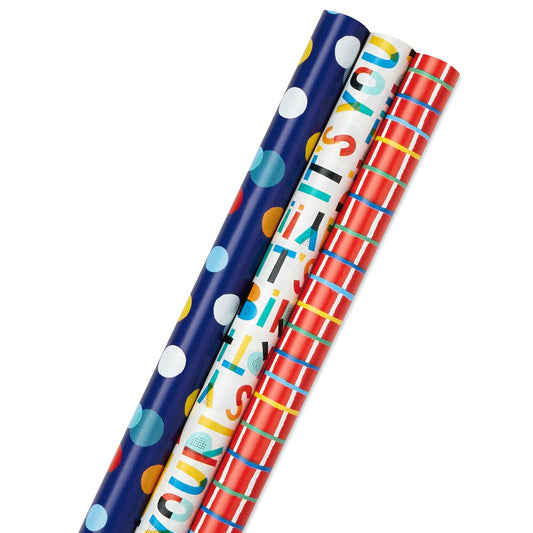 Hallmark - Paquete de papel de regalo de cumpleaños con líneas cortadas en el reverso (paquete de 3: 55 m2) pies ttl.) Estampados y patrones y holográficos en rojo, azul, amarillo, blanco y