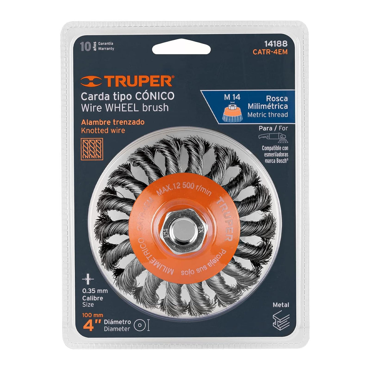 Truper CATR-4EM, Carda tipo cónico 4" alambre trenzado, multi-rosca