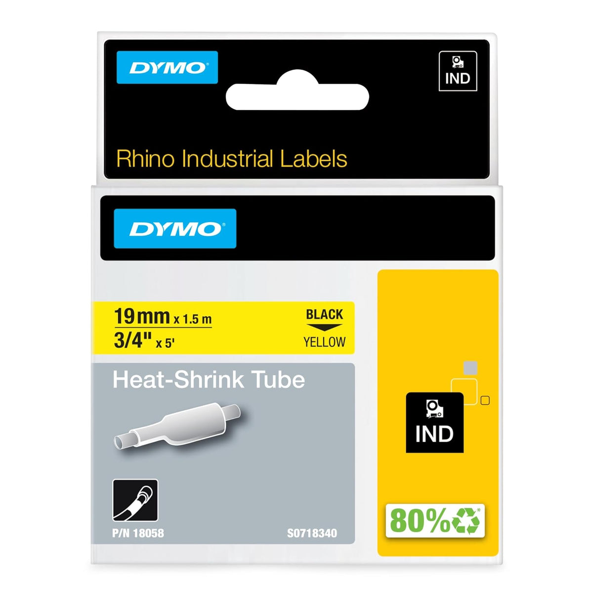 Dymo Cinta Termorretráctil para Etiquetadora, Identificación de Cables - 3 - 4" (19MM) - Negro, Amarillo