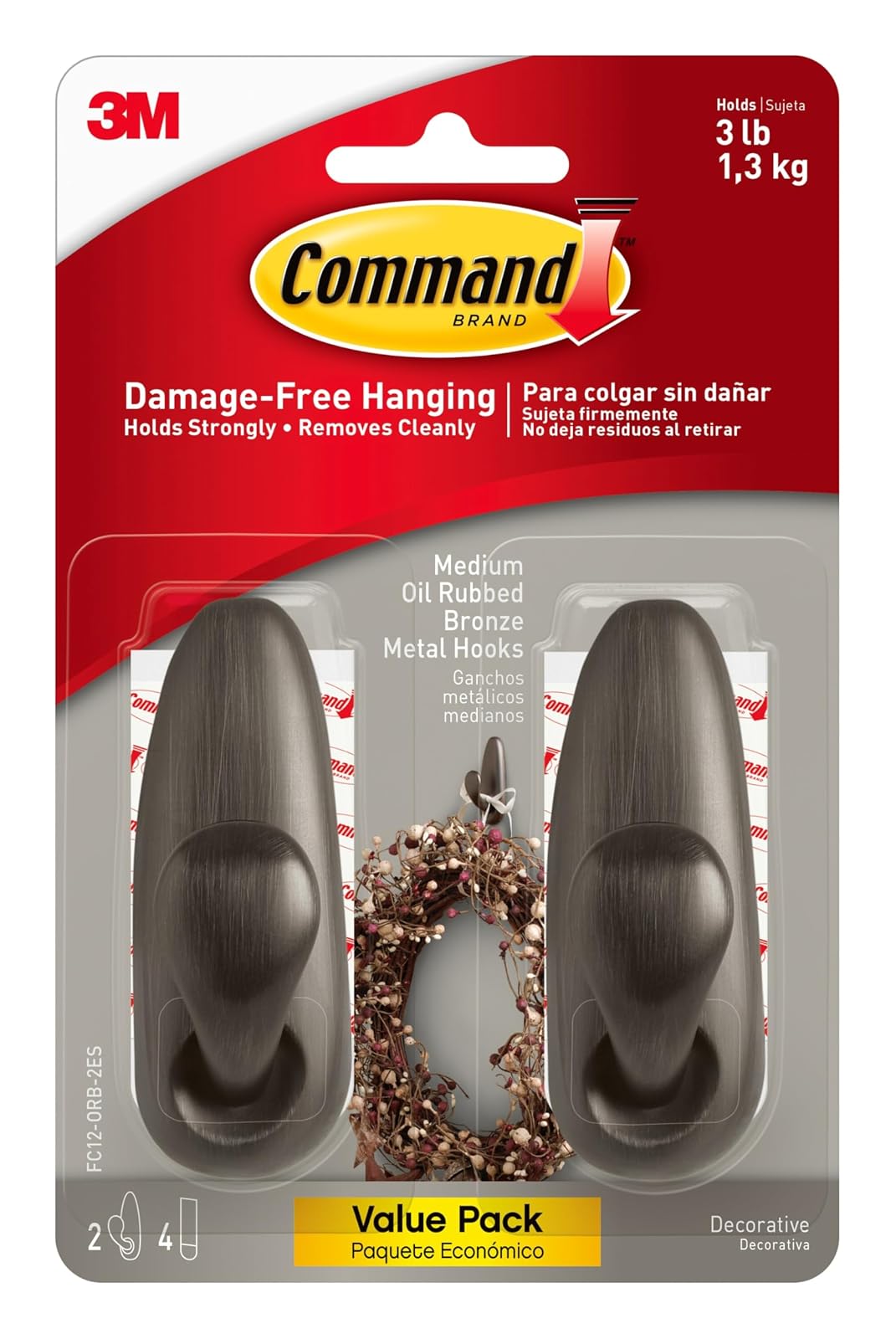 Command Forever Classic - Ganchos de pared de metal medianos, ganchos de pared para colgar sin daños con tiras adhesivas, ganchos de pared sin herramientas para colgar decoraciones en espacios de vida, 2 ganchos de metal y 4 tiras de comando - Mediano - 2