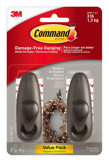 Command Forever Classic - Ganchos de pared de metal medianos, ganchos de pared para colgar sin daños con tiras adhesivas, ganchos de pared sin herramientas para colgar decoraciones en espacios de vida, 2 ganchos de metal y 4 tiras de comando - Mediano - 2