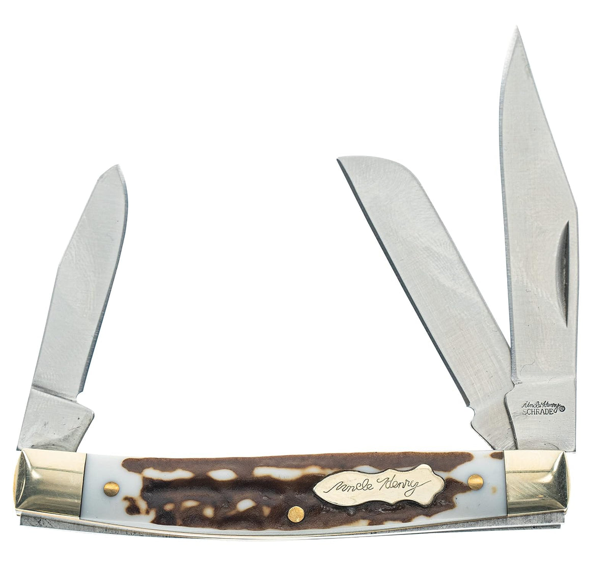 Uncle Henry Next Gen Staglon 807UHCP JR - Cuchillo Plegable de 3 Hojas de 4.8 Pulgadas con Punta de Clip de Acero Inoxidable, pie de Oveja, Cuchillas Spey-Point y Mango de Staglon para Caza, Camping