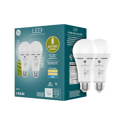 GE LED+ - Bombillas LED de batería de reserva, A21, luz de emergencia recargable para cortes de energía + linterna, blanco suave (paquete de 2)
