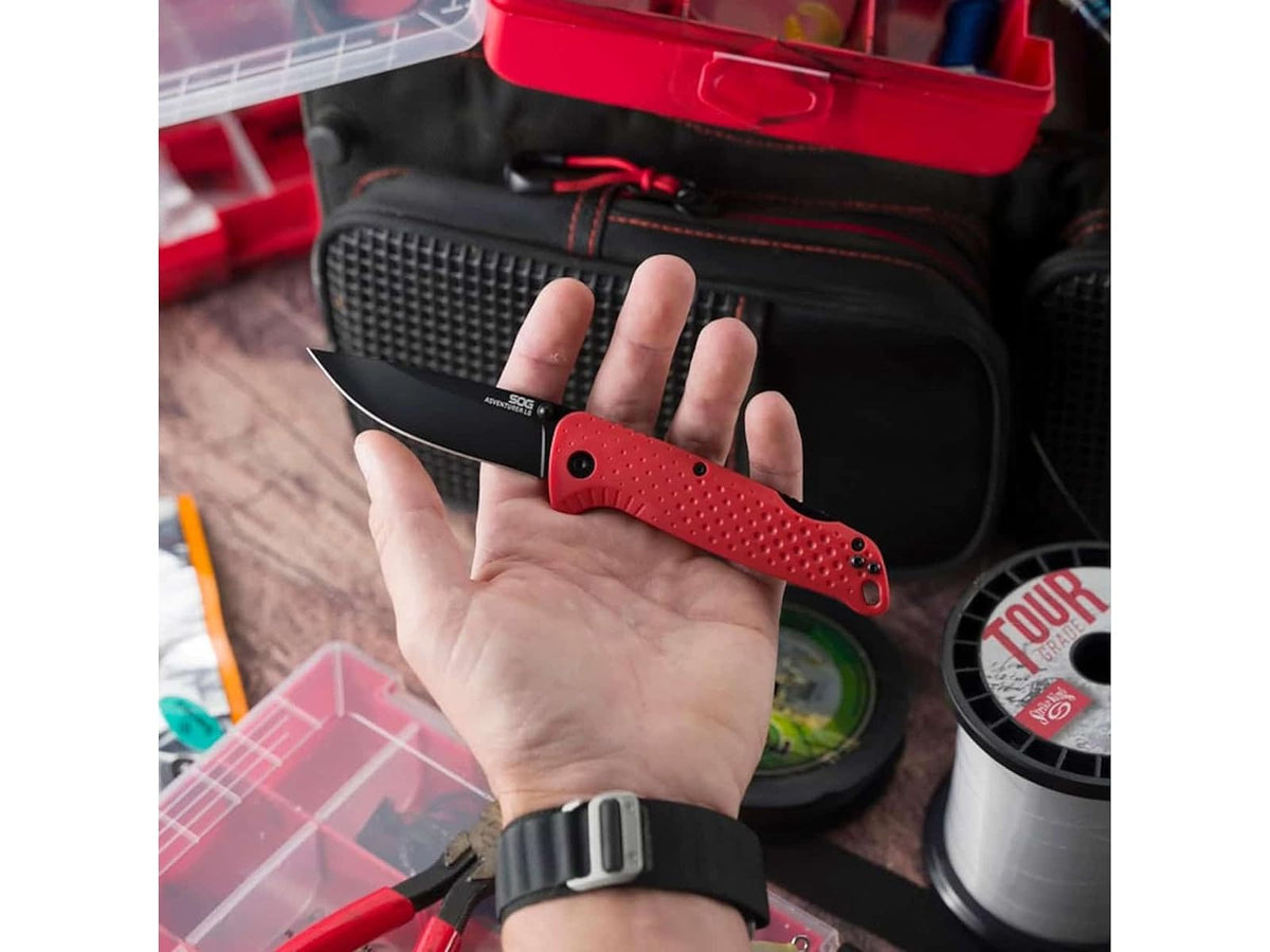 SOG ADVENTURER LB/3.5 pulgadas hoja 5CR15MOV/rojo + BLK/BLISTER PACK | 5CR15MOV, paquete de ampollas
