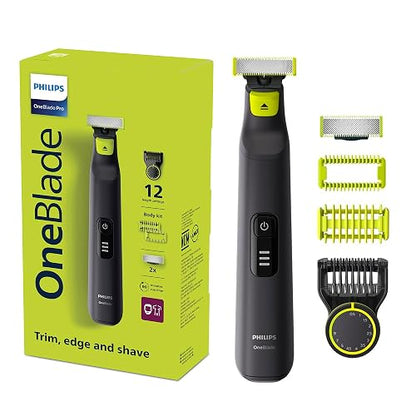 Philips OneBlade Pro Afeitadora y Recortadora Eléctrica Face&Body Hombre | Recorta, perfila y afeita | Corta el vello, no tu piel | Uso seco y húmedo | Accesorios para cara y cuerpo | QP6542/10