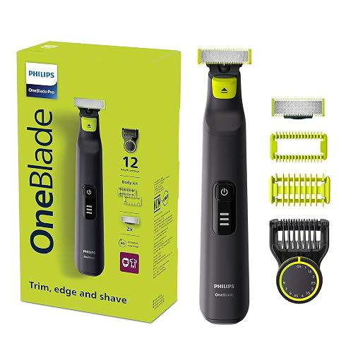Philips OneBlade Pro Afeitadora y Recortadora Eléctrica Face&Body Hombre | Recorta, perfila y afeita | Corta el vello, no tu piel | Uso seco y húmedo | Accesorios para cara y cuerpo | QP6542/10
