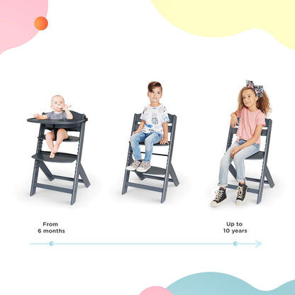 Kinderkraft ENOCK Silla Alta de Madera, Periquera Infantil, Portatil, para niños, Evolutiva silla alta, Ergonómica, Con accesorios, Barrera y Bandeja, Gris completo