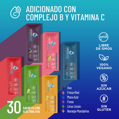 Hidra2go, Electrolitos Sin Azucar, Con Vitamina C, Complejo B, Magnesio Y Potasio, Bolsa Con 30 Sobres, Sabores Mixtos