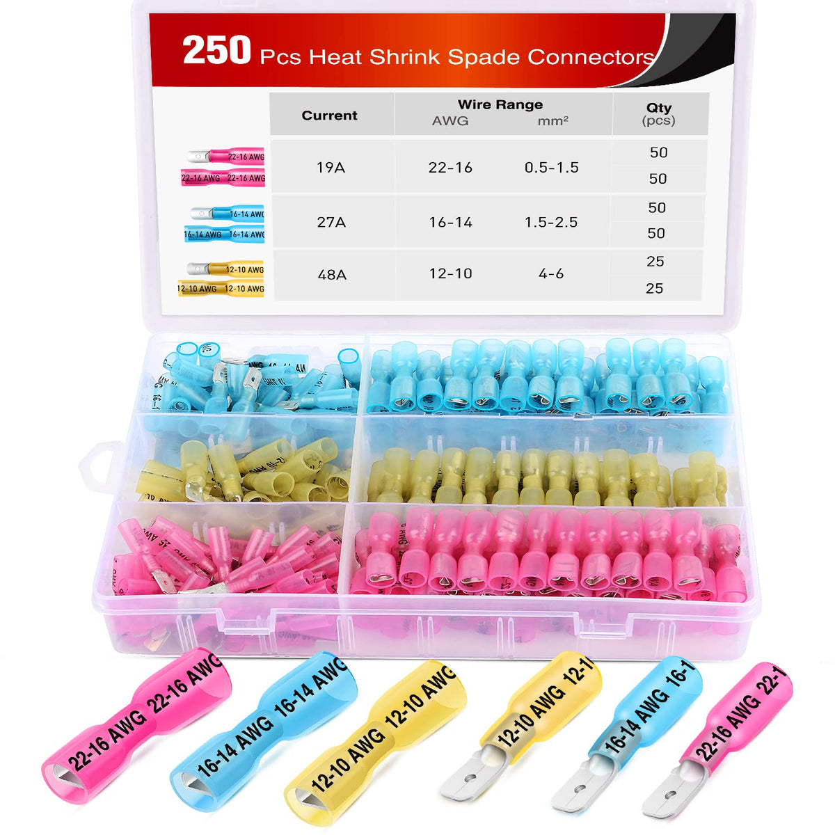 Nilight 250 Conectores de Pala Termorretráctiles Macho y Hembra 22-10AWG | Rojo/Azul/Amarillo, 22-10 AWG, macho y hembra, tubo de doble pared, sellado adhesivo
