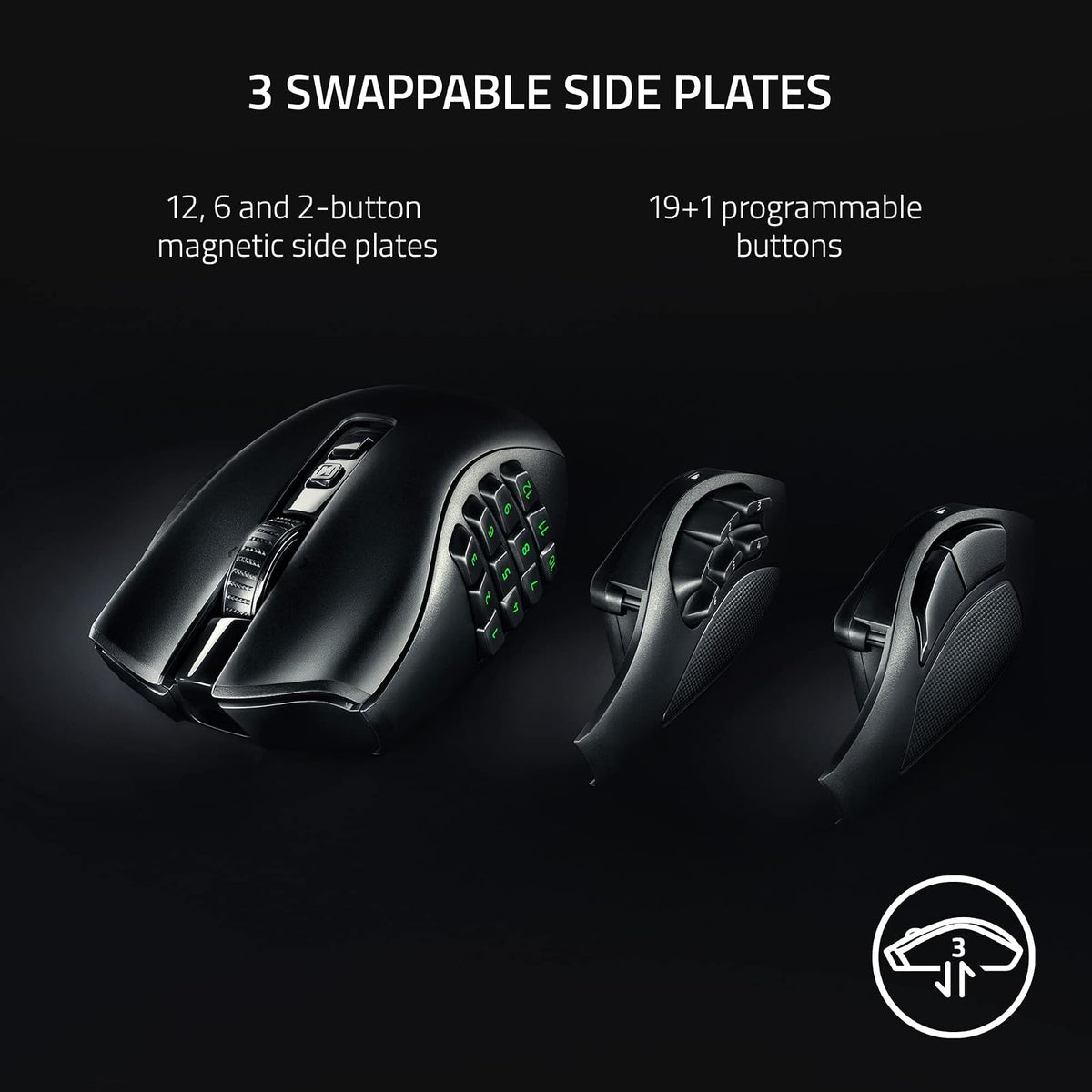 Razer Naga V2 Pro - Mouse Gamer Inalámbrico MMO | 19+1 botones programables con 3 placas laterales intercambiables, rueda HyperScroll Pro, sensor óptico Focus Pro 30K